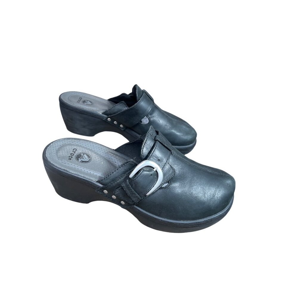 Crocs womans black leather slip on clogs mules Sz 9 SKU 9725
